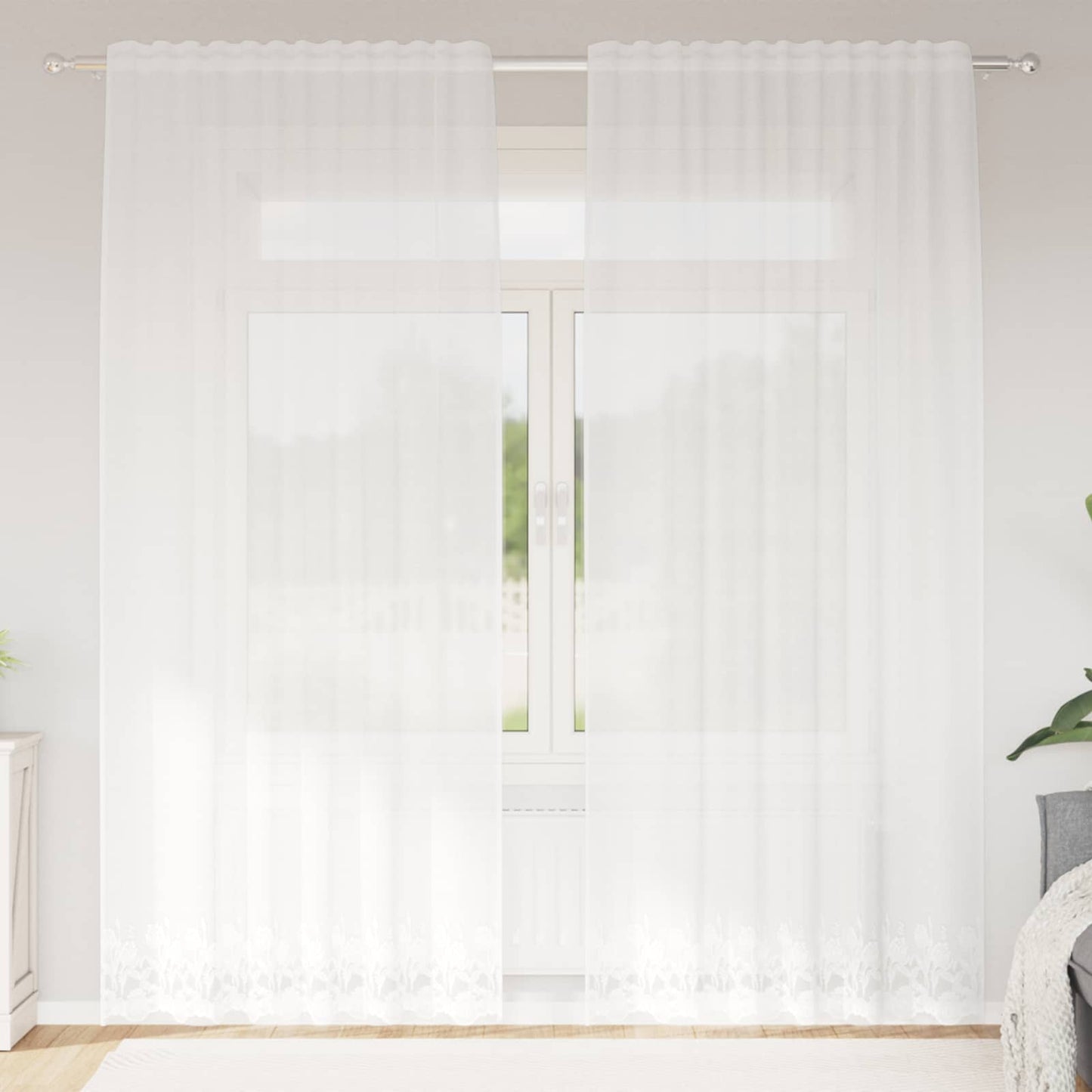 vidaXL Spitzenvorhang mit Vorhängen Floral Weiß 240 x 150 cm Polyester