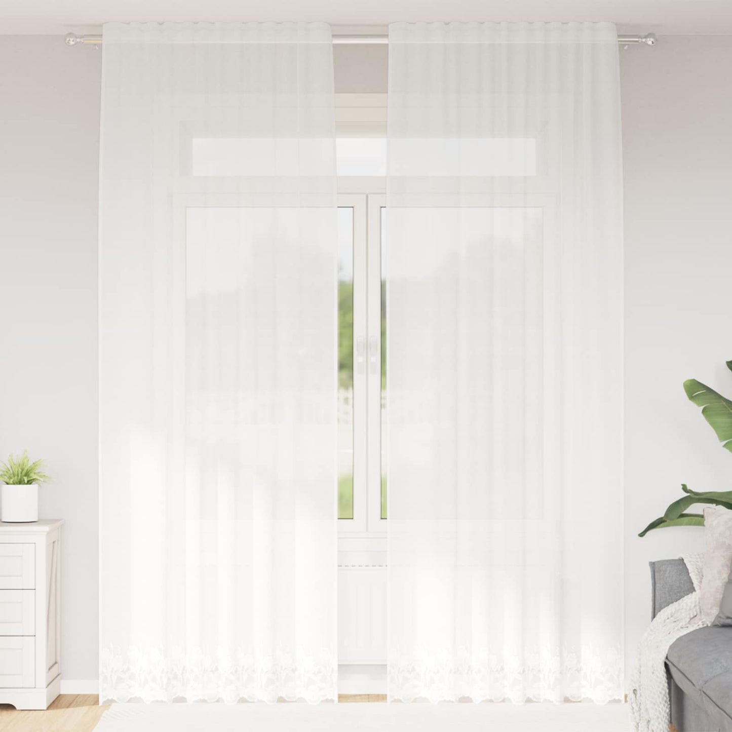 vidaXL Spitzenvorhang mit Vorhängen Floral Weiß 260 x 150 cm Polyester