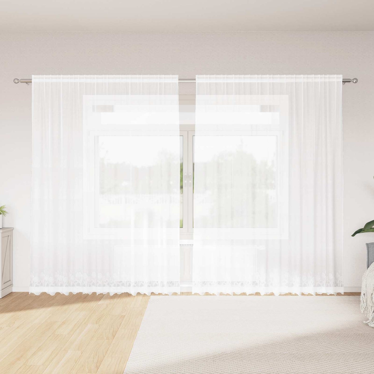 vidaXL Spitzenvorhang mit Vorhängen Floral Weiß 240 x 300 cm Polyester