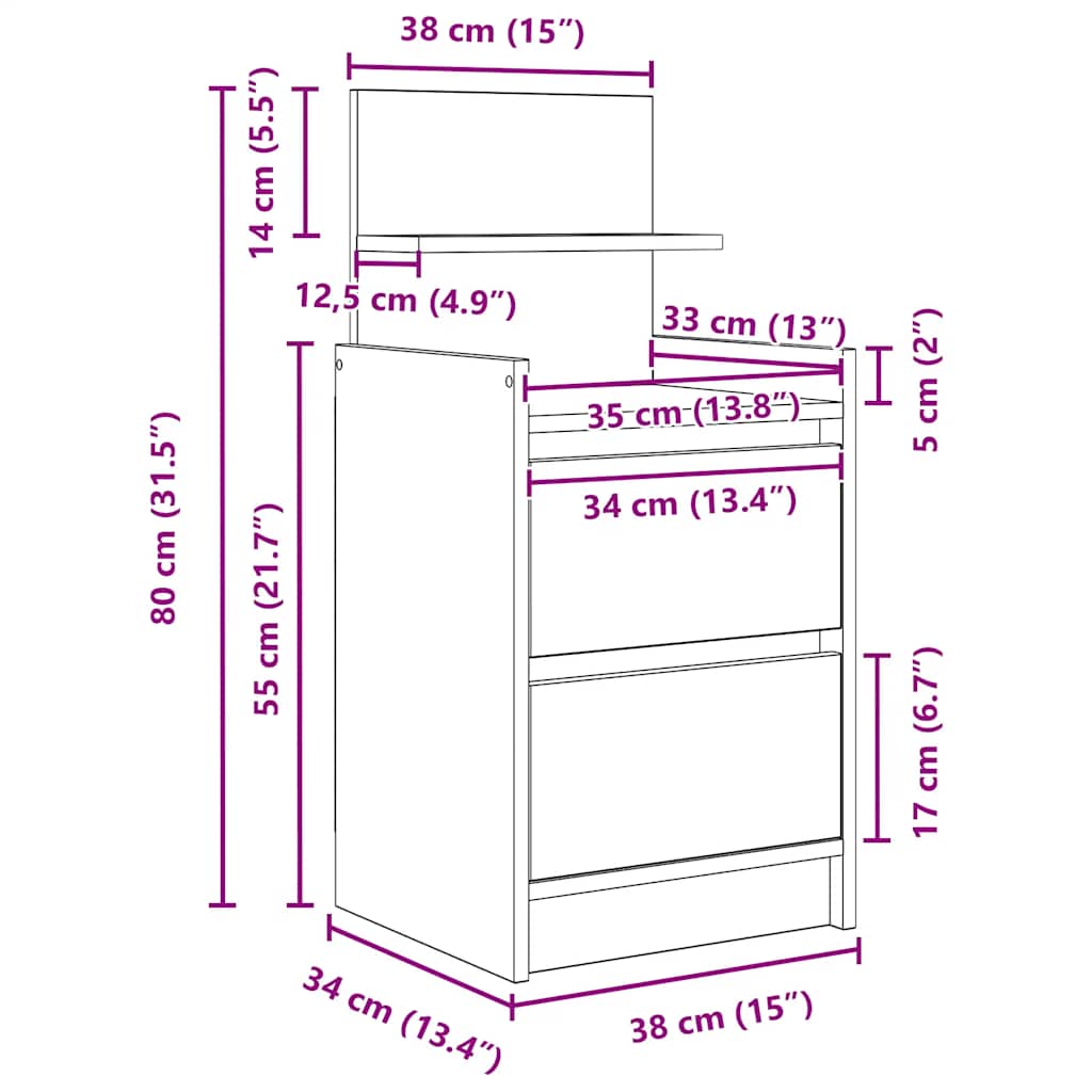 vidaXL Table de chevet avec 2 tiroirs Gris béton 38x34x80 cm