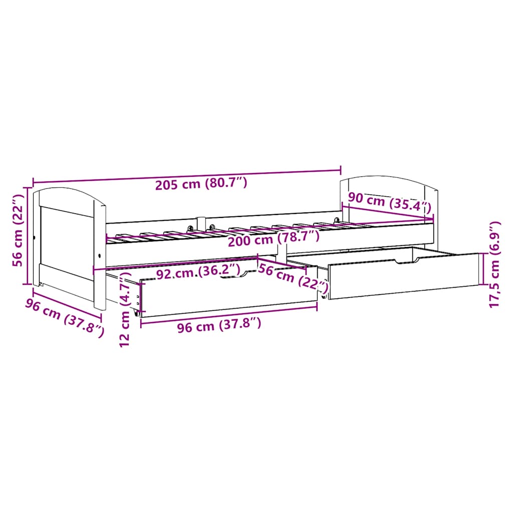 vidaXL Tagesbett mit 2 Schubladen ohne Matratze Weiß Rosa 90x200cm