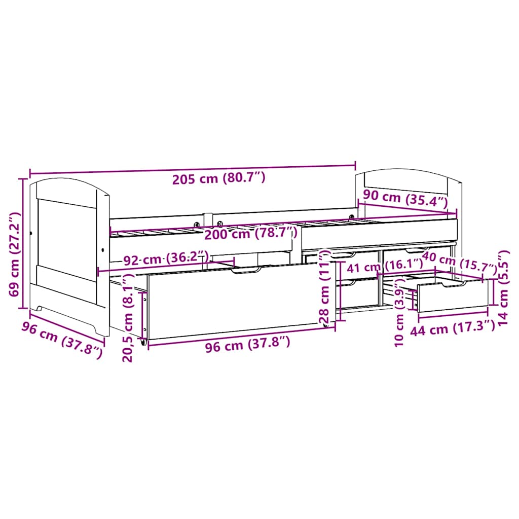vidaXL Tagesbett mit 5 Schubladen ohne Matratze IRUN Schwarz 90x200cm