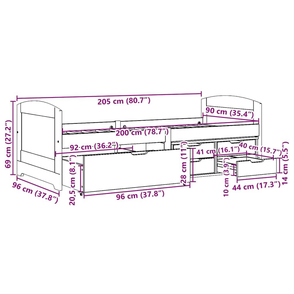 vidaXL Tagesbett mit 5 Schubladen ohne Matratze Weiß Rosa 90x200cm