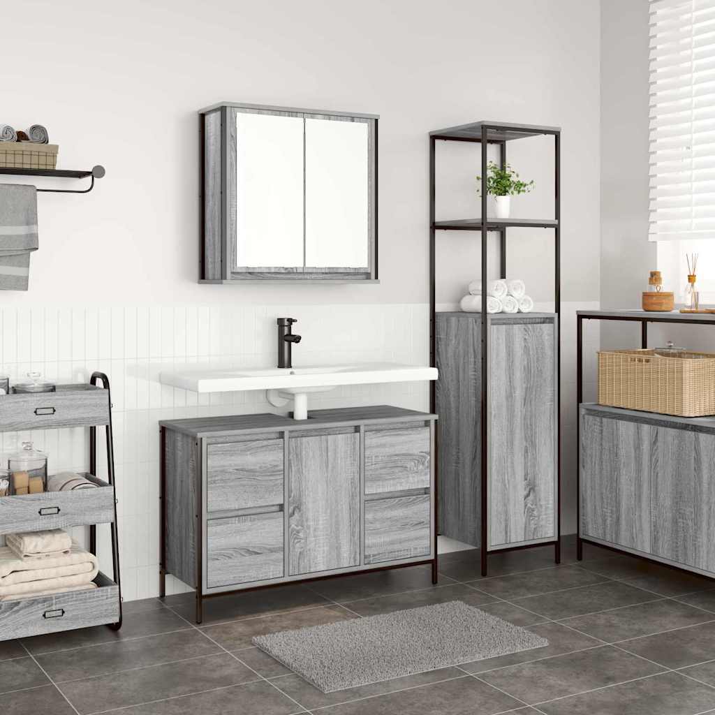 vidaXL Badezimmermöbel Set mit Regal 2 pcs Grau Sonoma und Schwarz