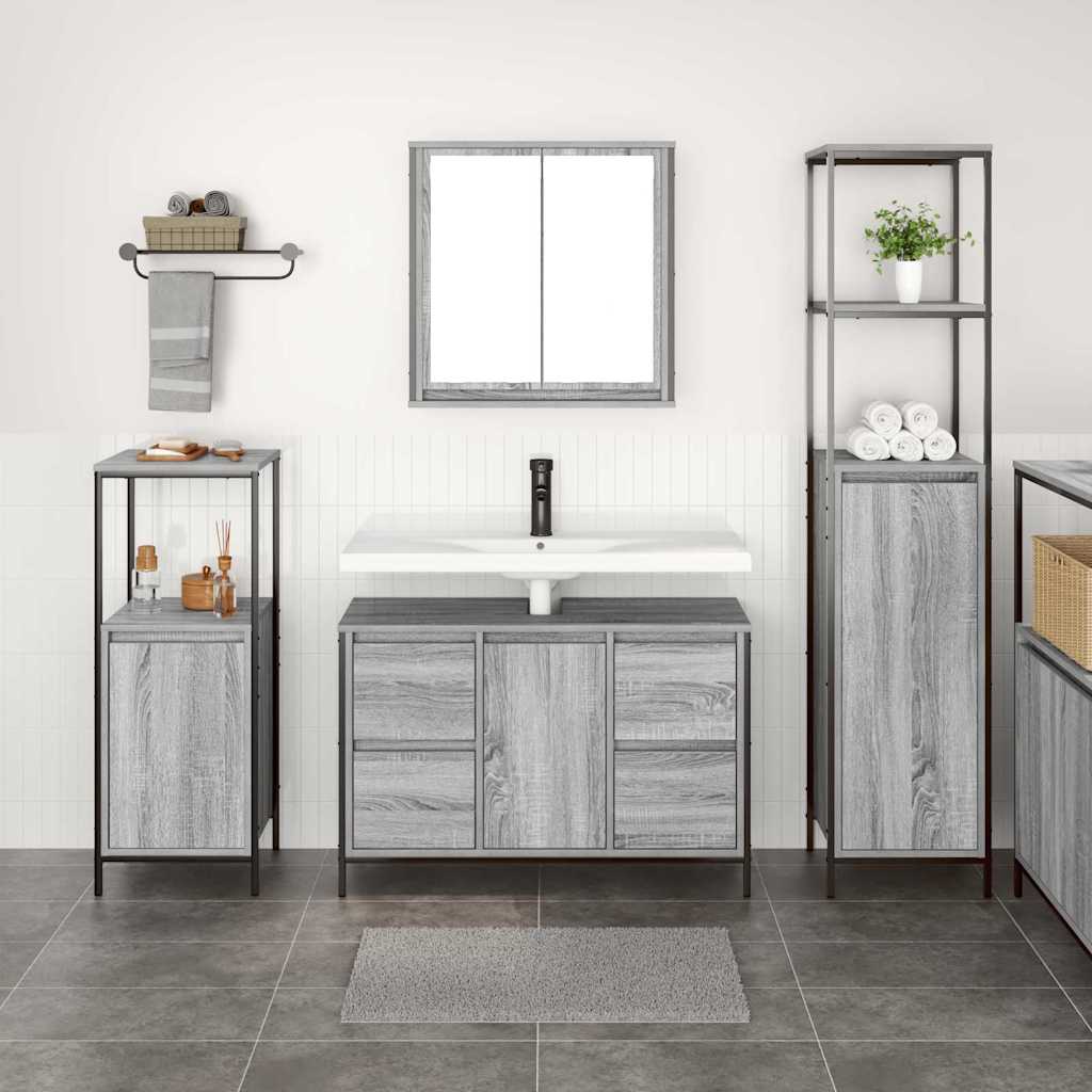 vidaXL Badezimmermöbel Set mit Regal 3 pcs Grau Sonoma und Schwarz