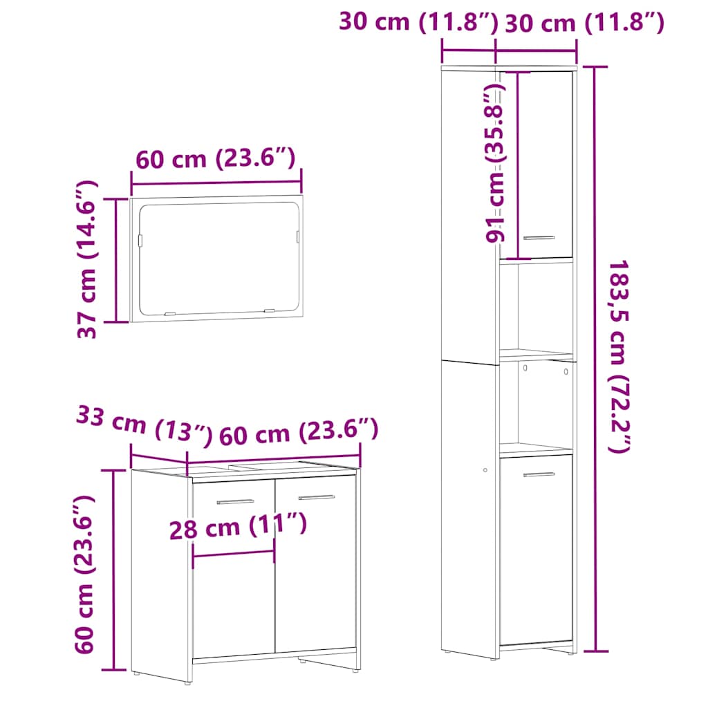 vidaXL Ensemble de meubles de salle de bain 3 pcs Effet bois de récupération Bois d'ingénierie