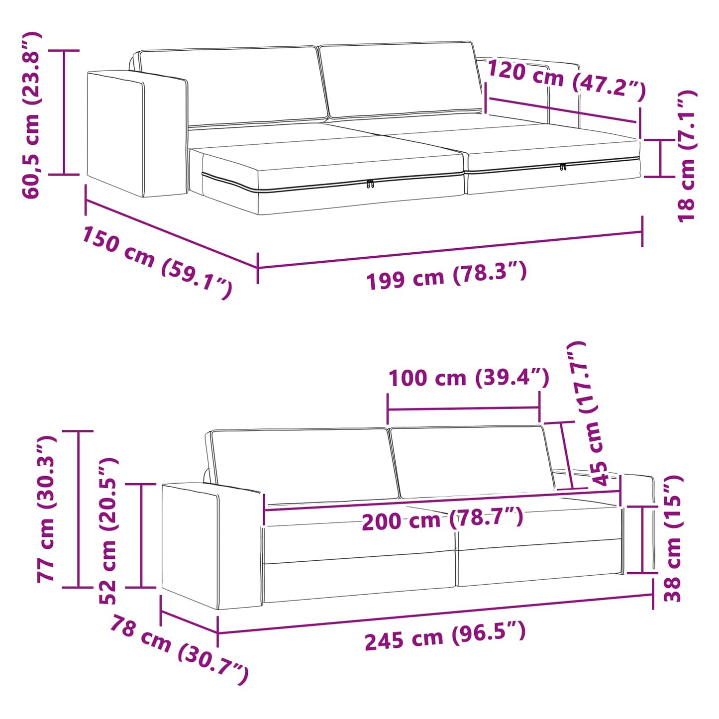 vidaXL Schlafsofa 200cm Creme Stoff