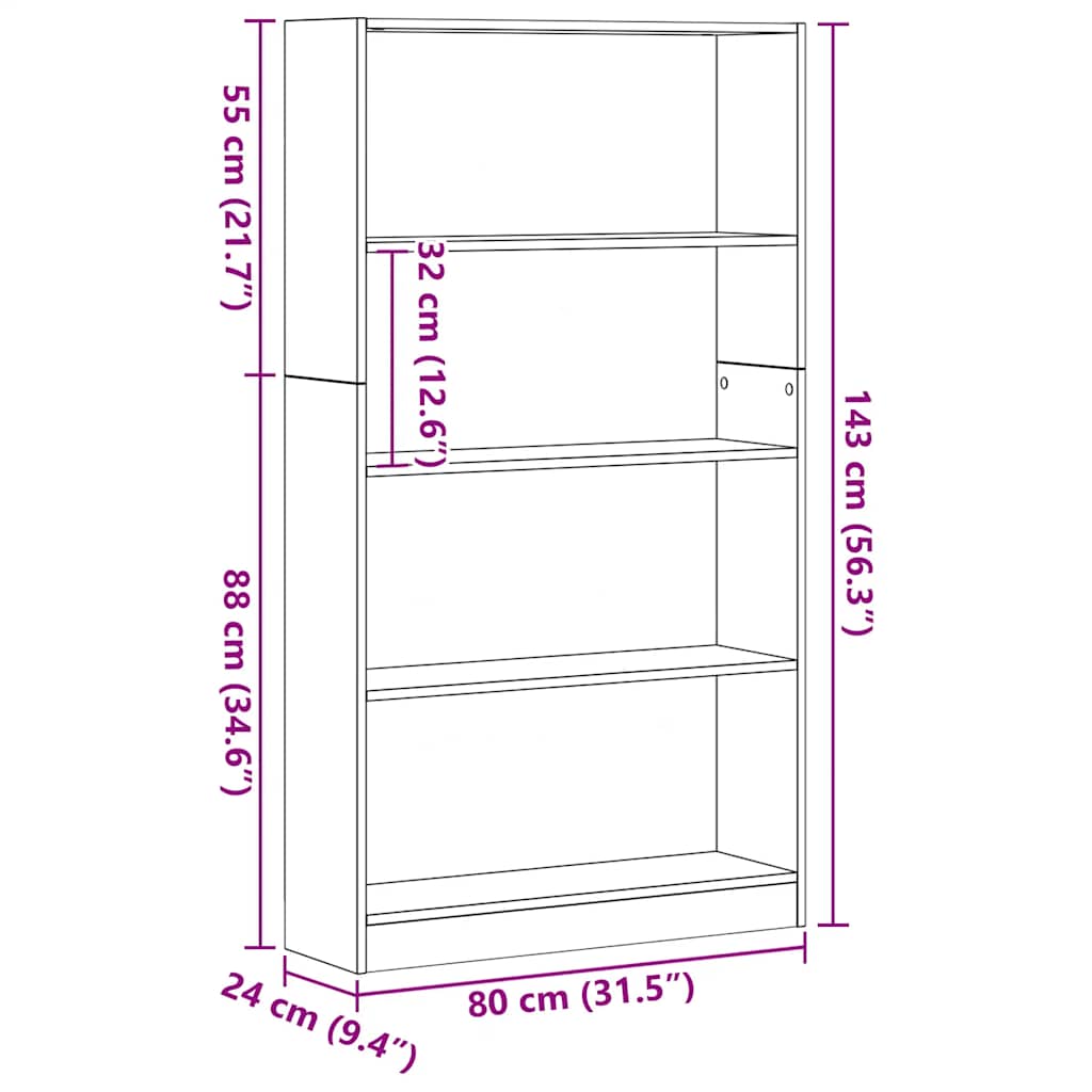 vidaXL Bücherregal 4 Fächer Schwarz Eichen-Optik 80x24x143 cm