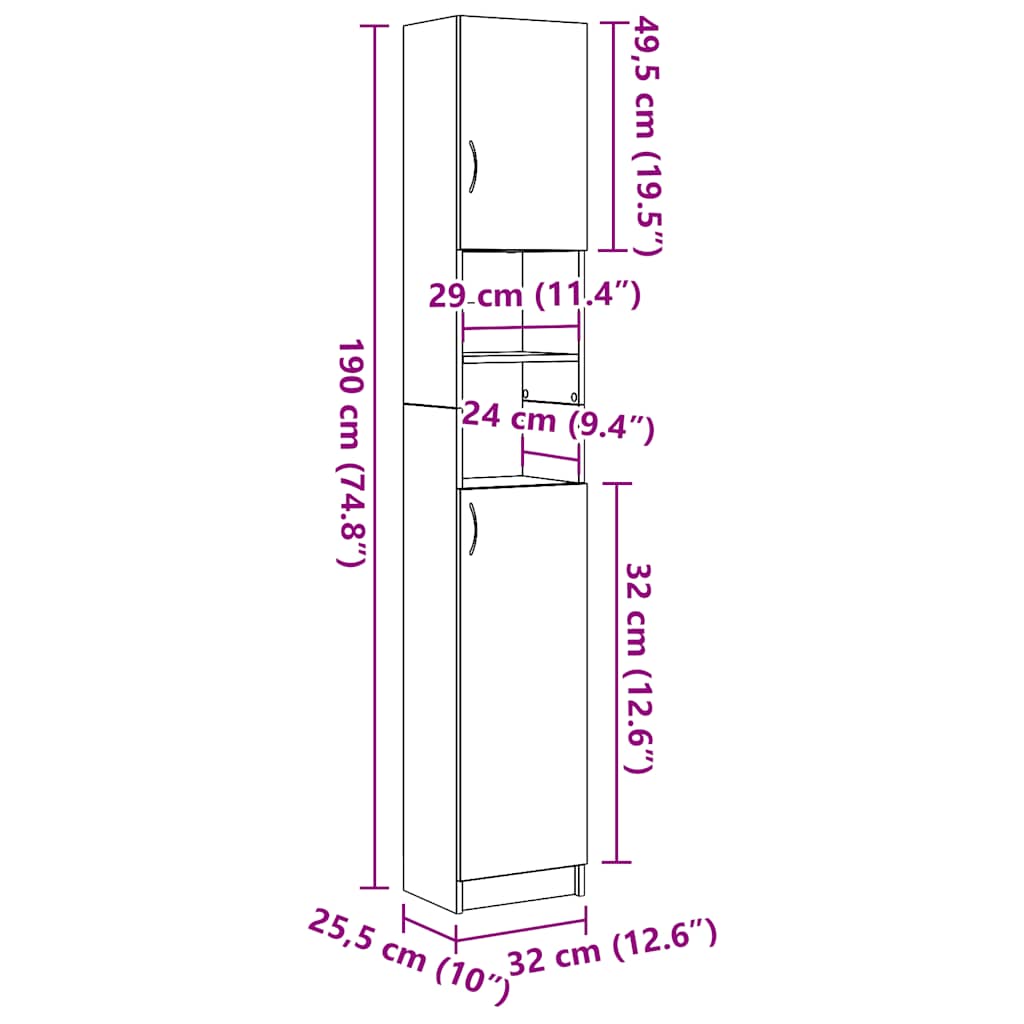 vidaXL Meuble haut de salle de bain noir aspect chêne 32x25,5x190 cm Bois d'ingénierie
