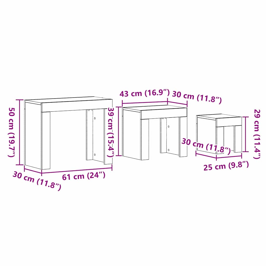 vidaXL Satztische 3 pcs Schwarz Eichen-Optik Holzwerkstoff