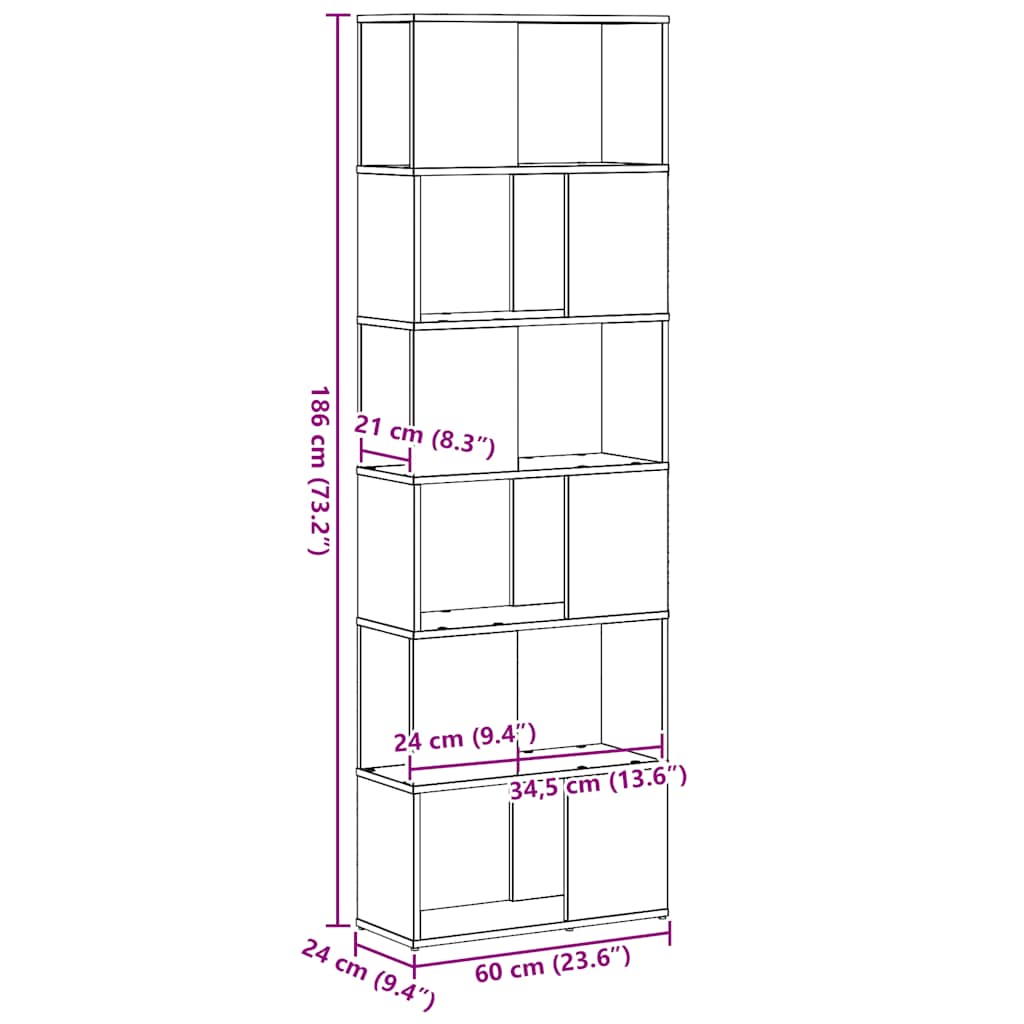 vidaXL Bücherregal/Raumteiler Schwarz Eichen-Optik 60x24x186 cm