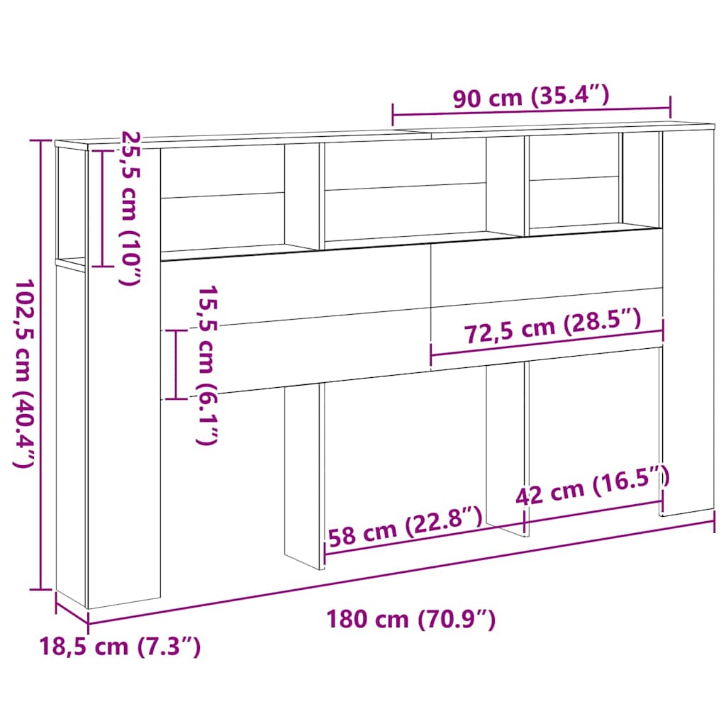vidaXL Kopfteil Schrank Schwarz Eichen-Optik 180 x 18.5 x 102.5 cm