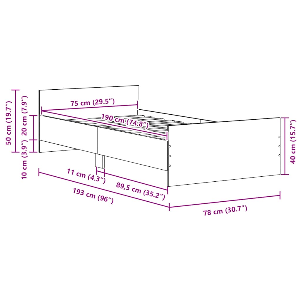vidaXL Bettgestell ohne Matratze Schwarz Eichen-Optik 75x190 cm