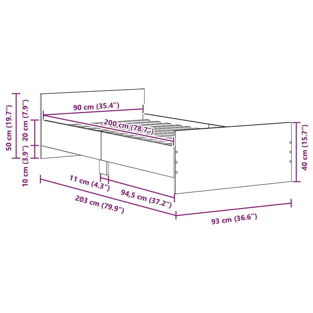vidaXL Bettgestell ohne Matratze Schwarz Eichen-Optik 90x200 cm