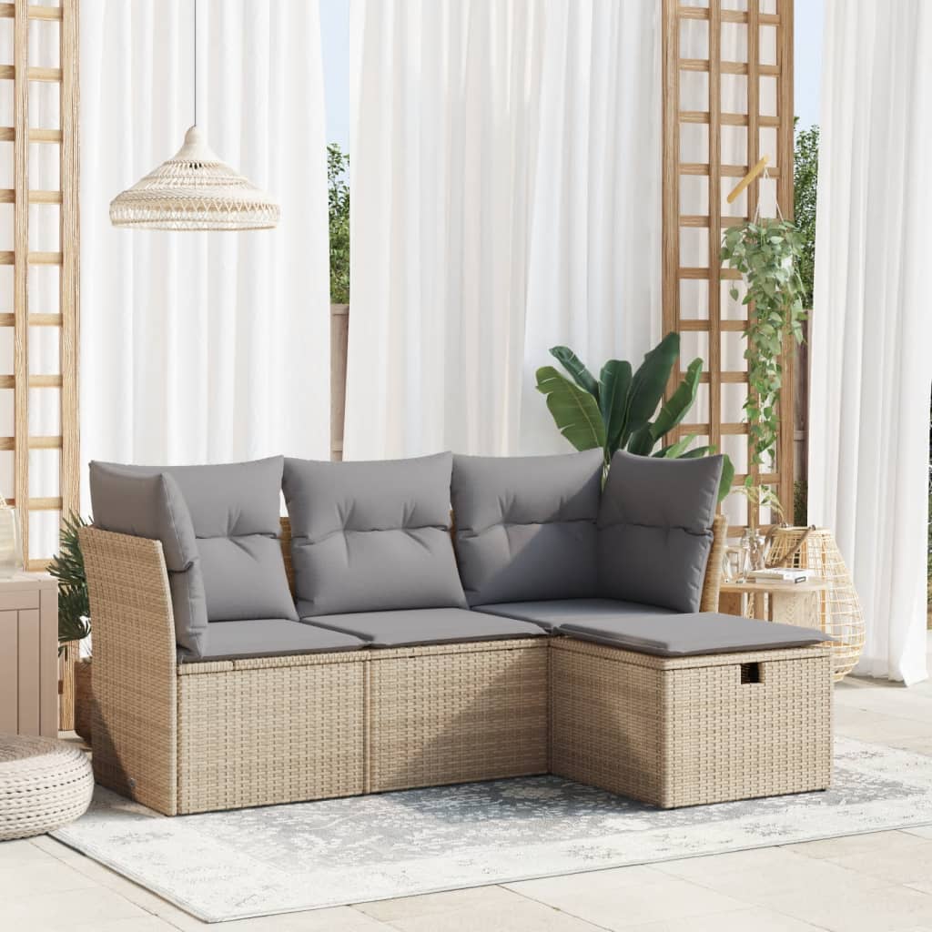 vidaXL 4-tlg. Garten-Sofagarnitur mit Kissen Beige Poly Rattan