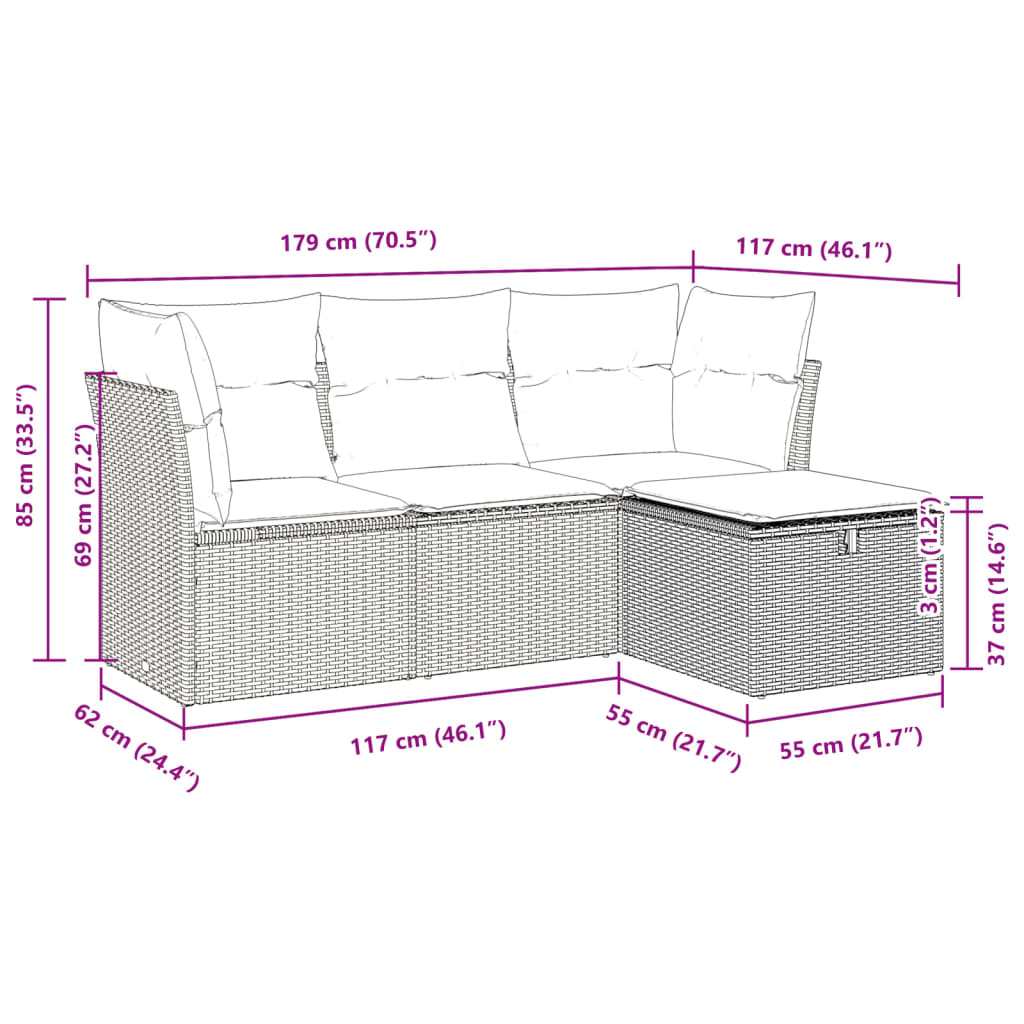 vidaXL Salon de jardin 4 pcs avec coussins Gris Résine tressée