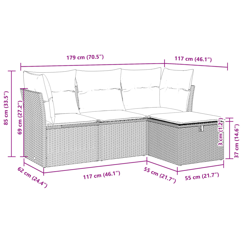 vidaXL 4-tlg. Garten-Sofagarnitur mit Kissen Braun Poly Rattan