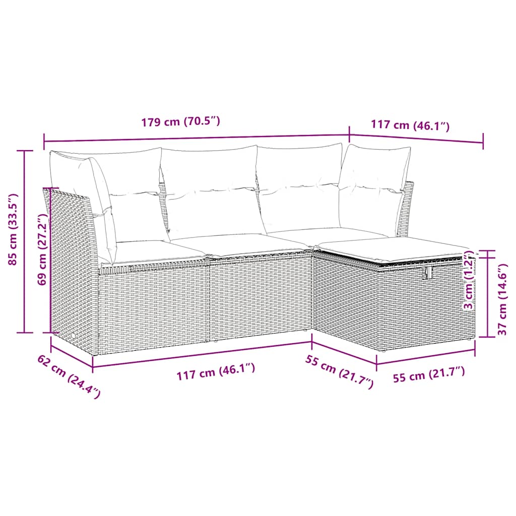 vidaXL 4-tlg. Garten-Sofagarnitur mit Kissen Braun Poly Rattan