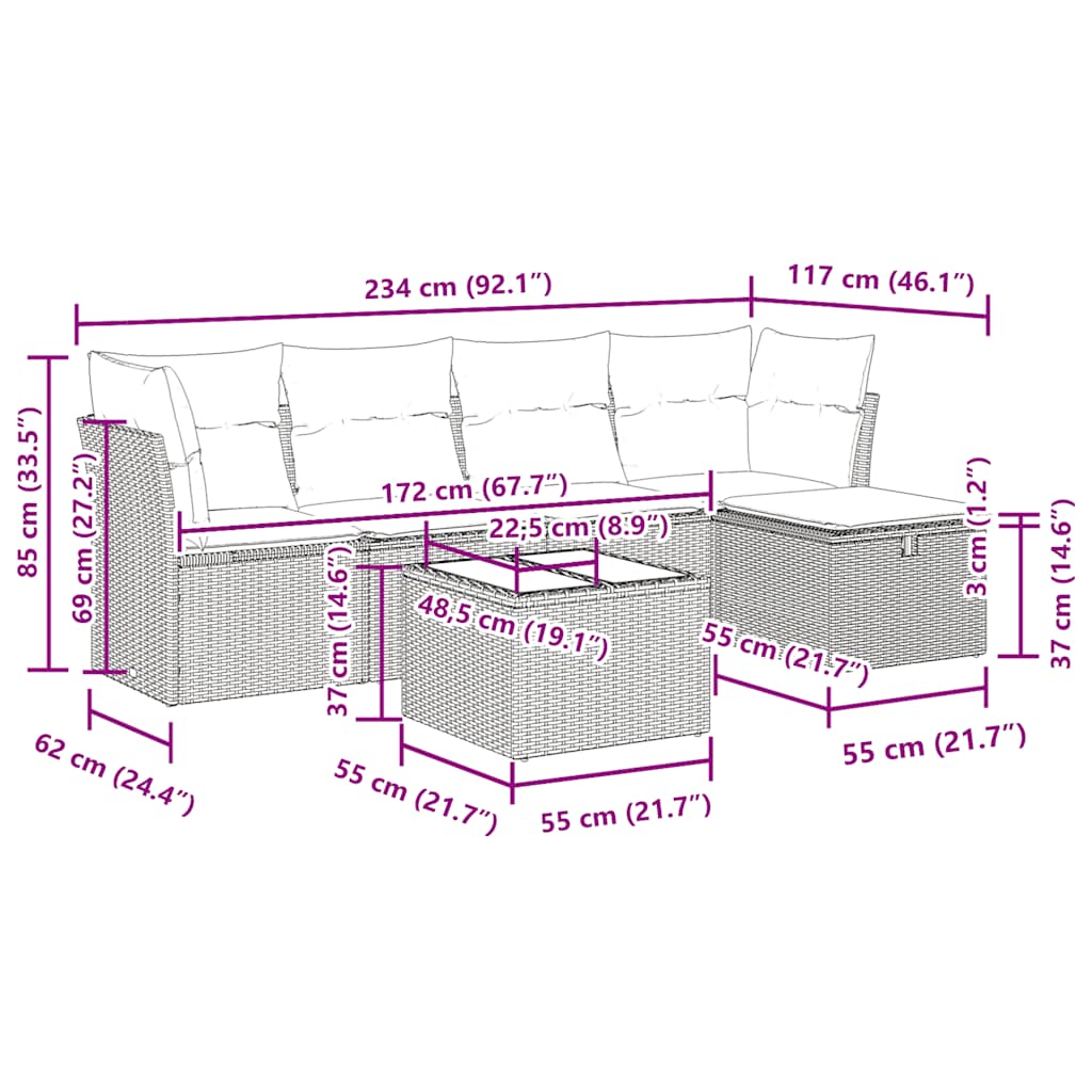 vidaXL 6-tlg. Garten-Sofagarnitur mit Kissen Schwarz Poly Rattan