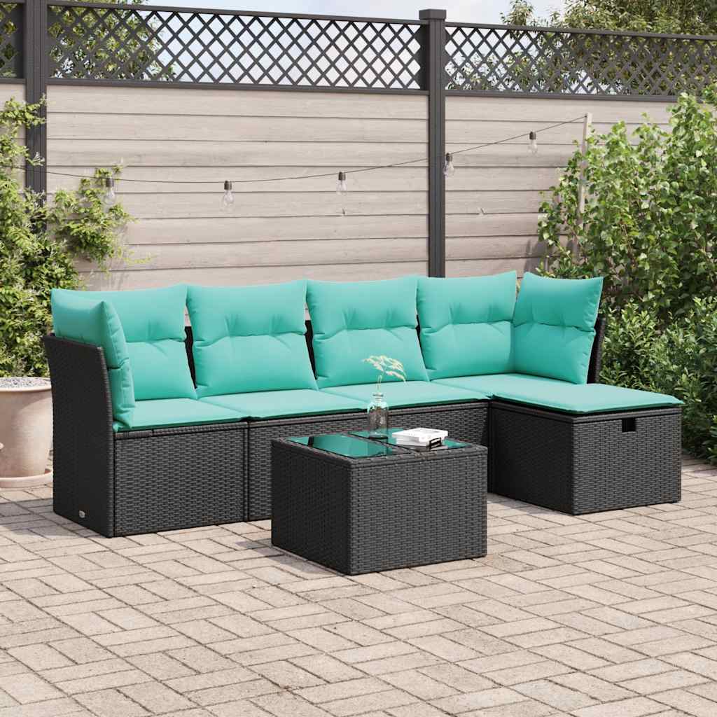 6-tlg. Garten-Sofagarnitur mit Kissen Schwarz Poly Rattan