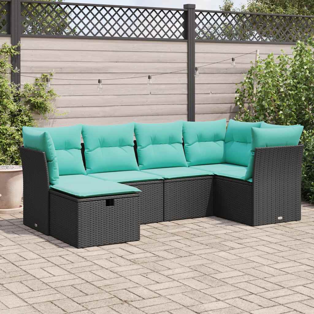 6-tlg. Garten-Sofagarnitur mit Kissen Schwarz Poly Rattan