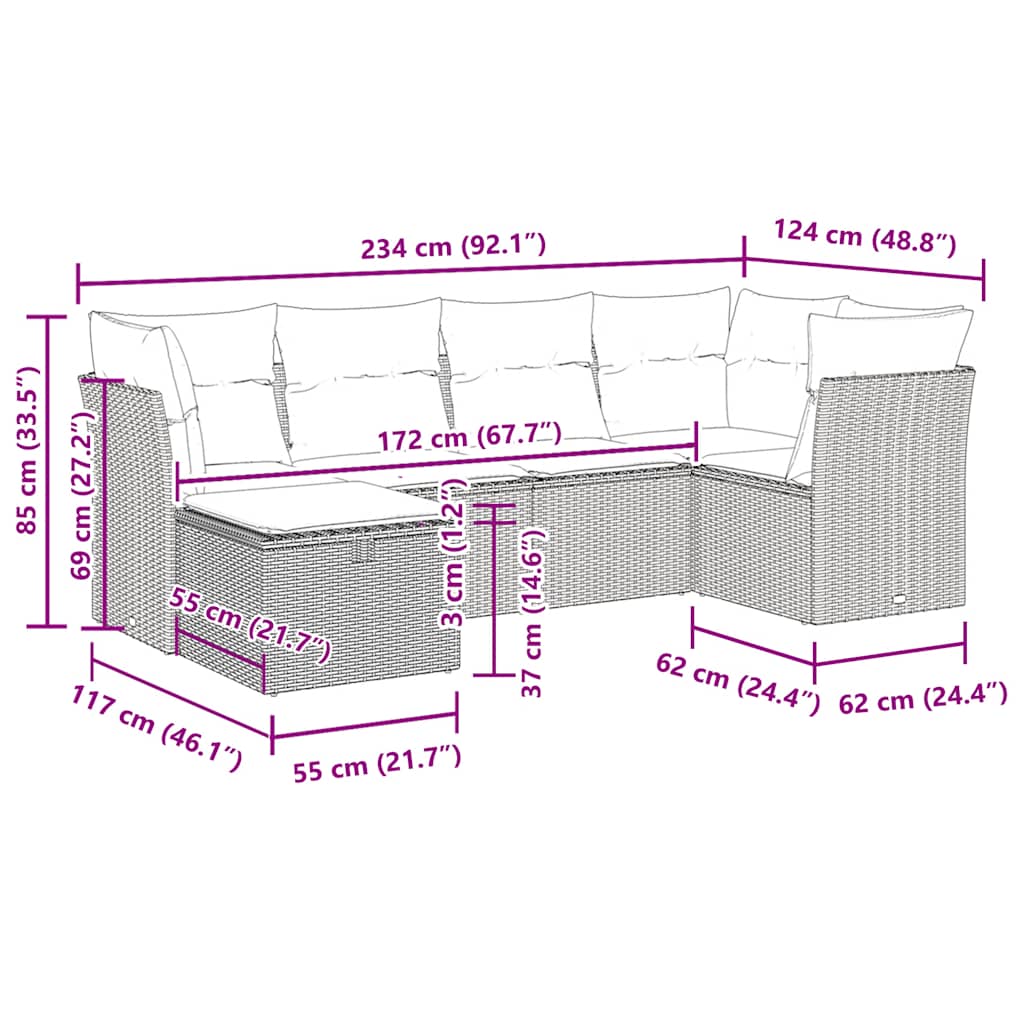 vidaXL 6-tlg. Garten-Sofagarnitur mit Kissen Grau Poly Rattan