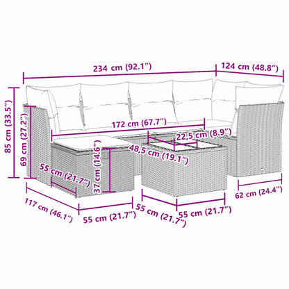 vidaXL 7-tlg. Garten-Sofagarnitur mit Kissen Schwarz Poly Rattan