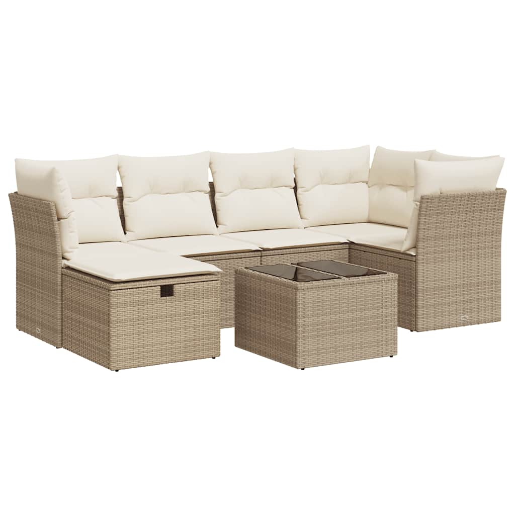 7-tlg. Garten-Sofagarnitur mit Kissen Beige Poly Rattan