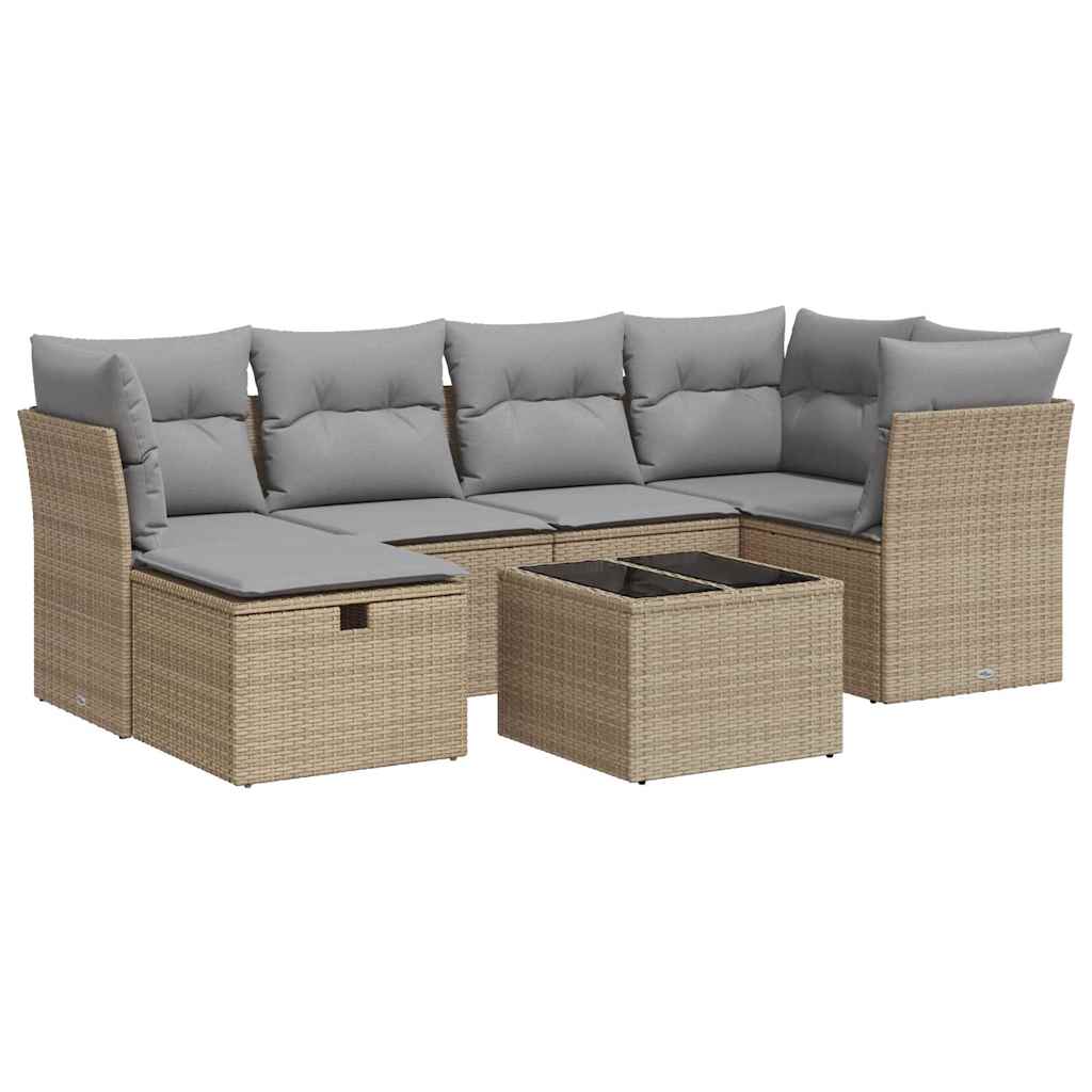 7-tlg. Garten-Sofagarnitur mit Kissen Beige Poly Rattan