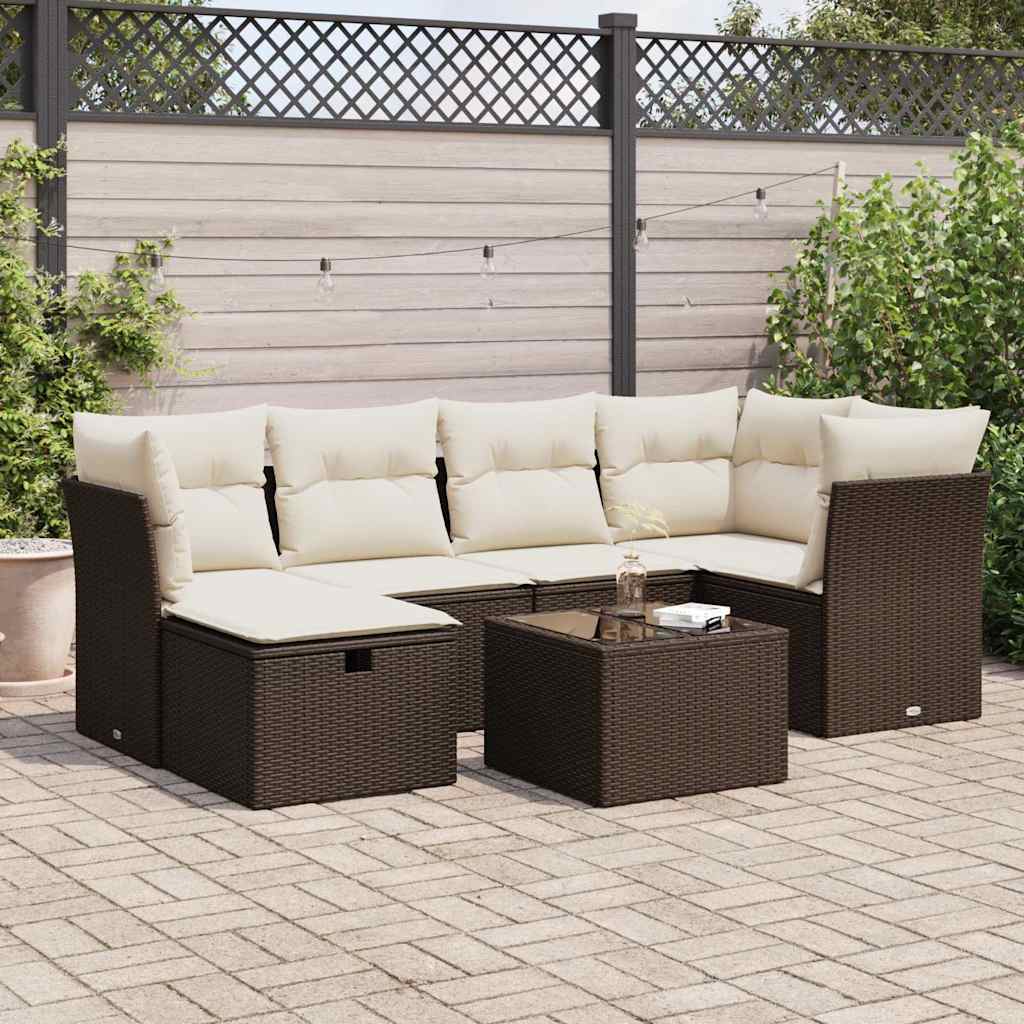 7-tlg. Garten-Sofagarnitur mit Kissen Braun Poly Rattan