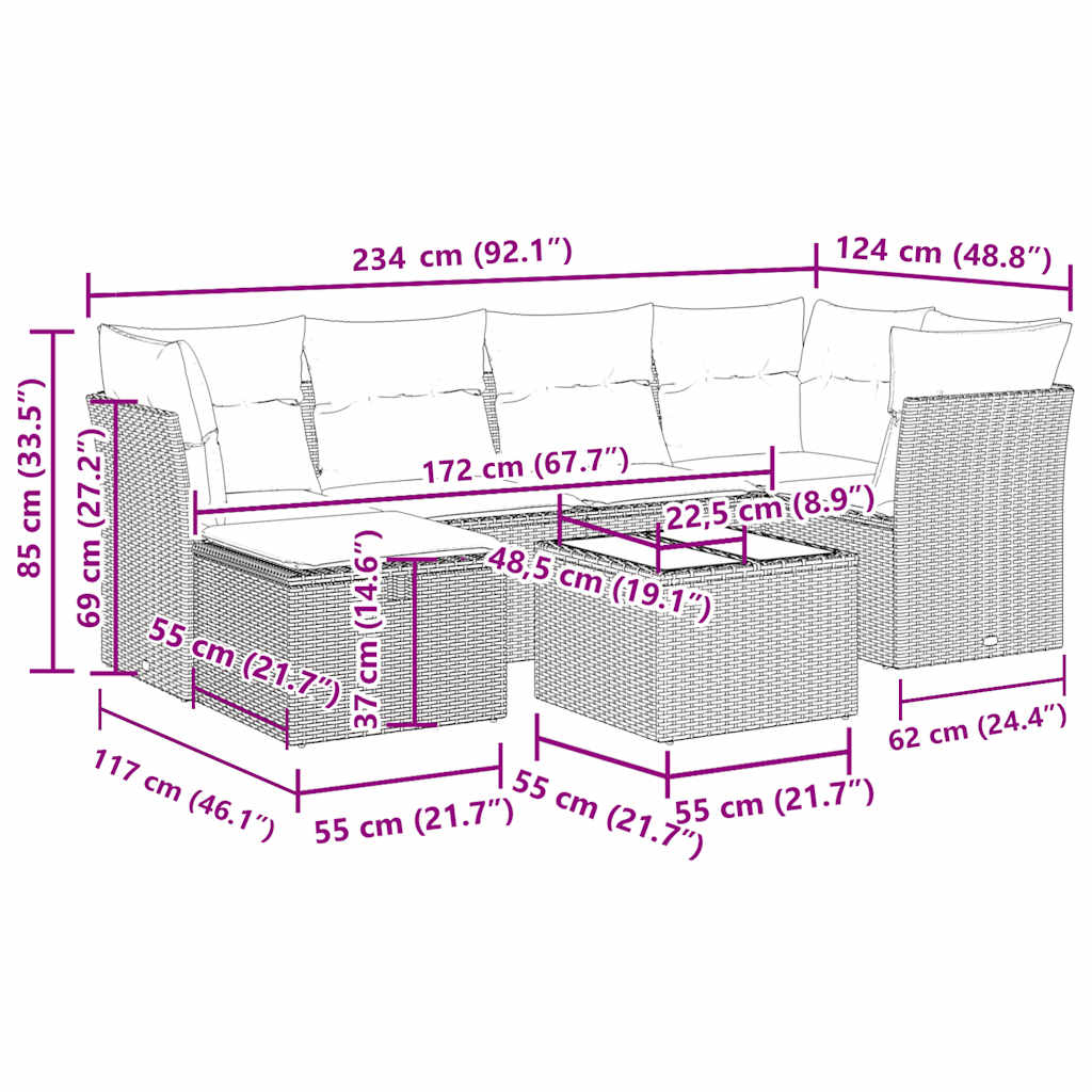 vidaXL 7-tlg. Garten-Sofagarnitur mit Kissen Braun Poly Rattan