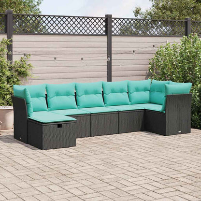 7-tlg. Garten-Sofagarnitur mit Kissen Schwarz Poly Rattan