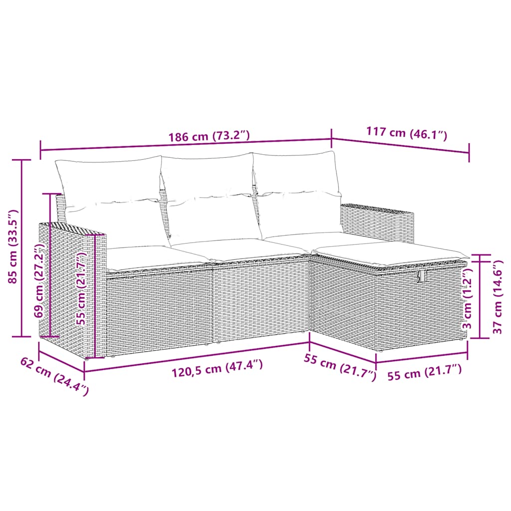 vidaXL 4-tlg. Garten-Sofagarnitur mit Kissen Schwarz Poly Rattan