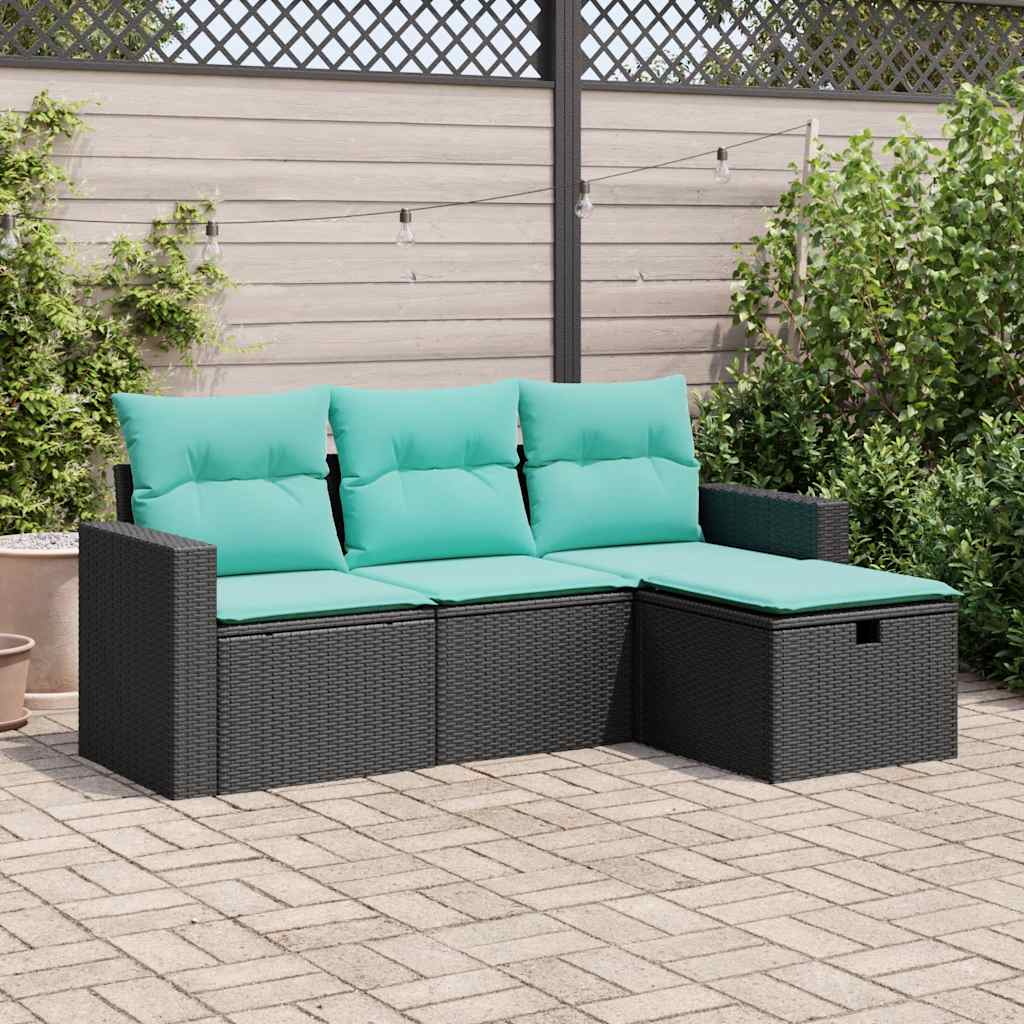 4-tlg. Garten-Sofagarnitur mit Kissen Schwarz Poly Rattan