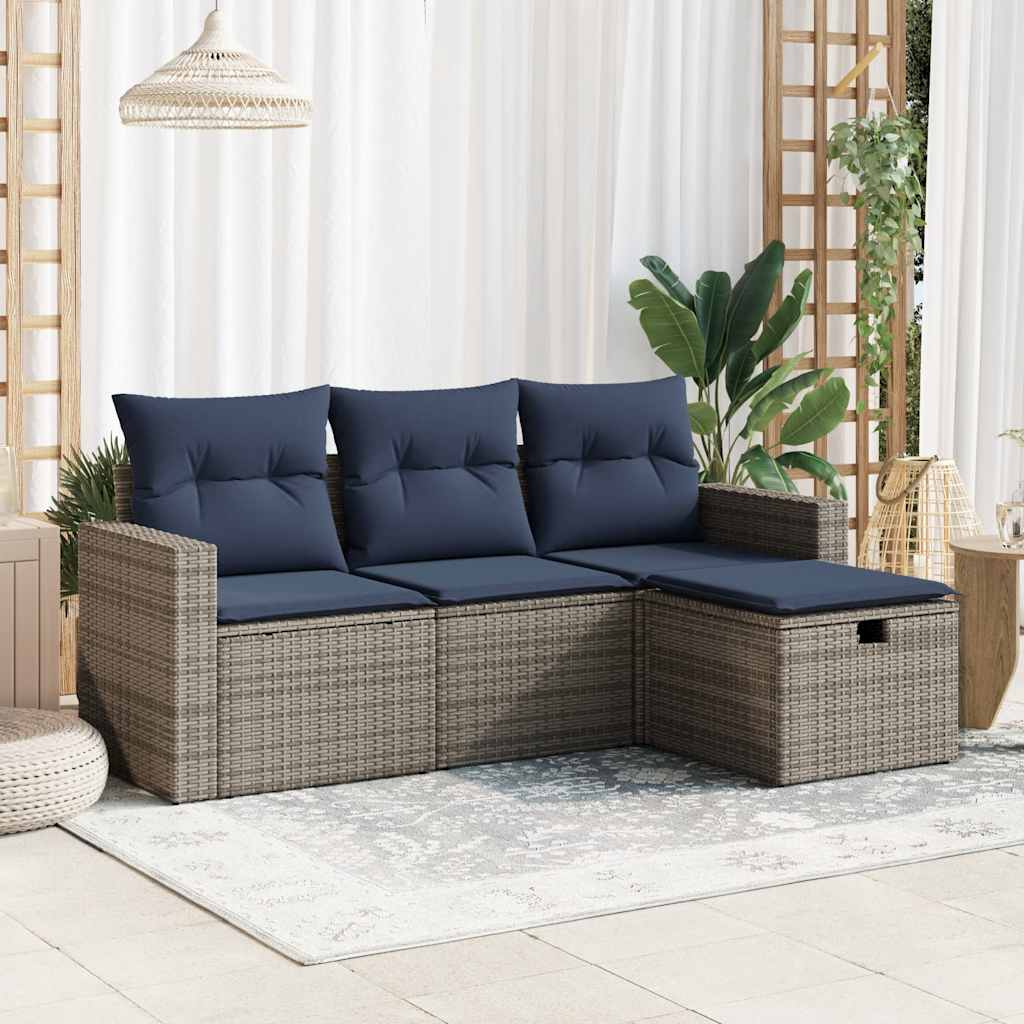 vidaXL 4-tlg. Garten-Sofagarnitur mit Kissen Grau Poly Rattan