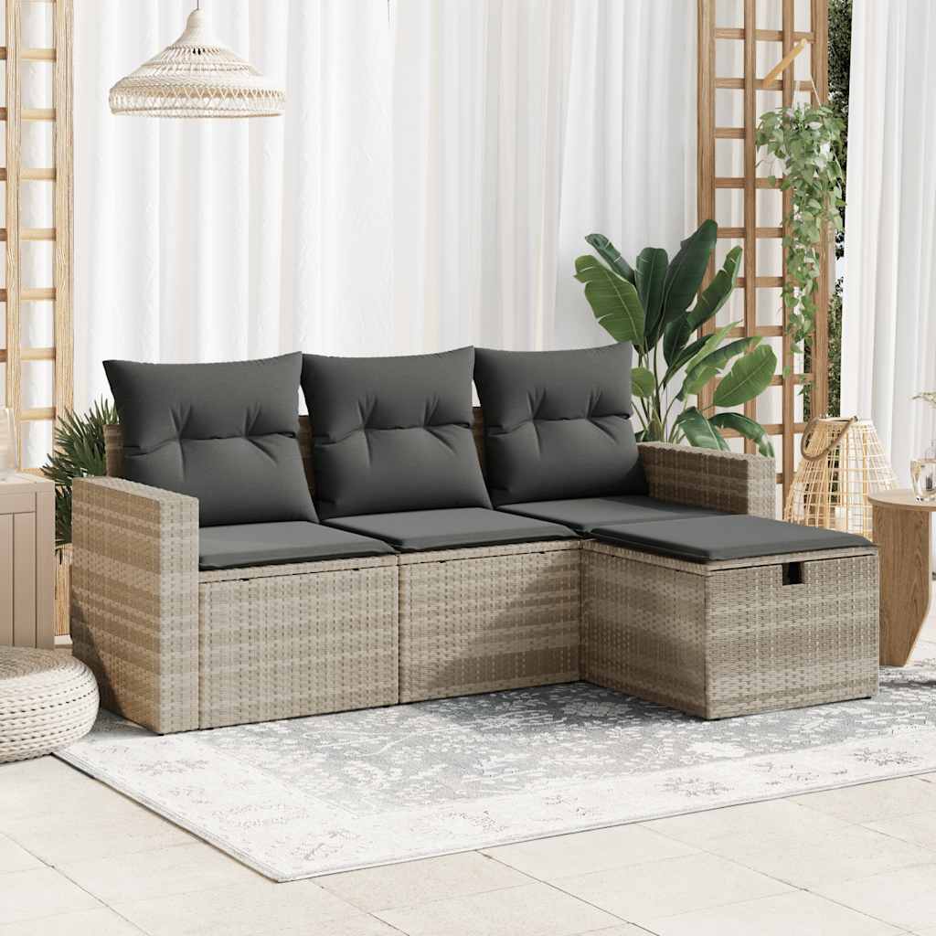 vidaXL 4-tlg. Garten-Sofagarnitur mit Kissen Hellgrau Poly Rattan