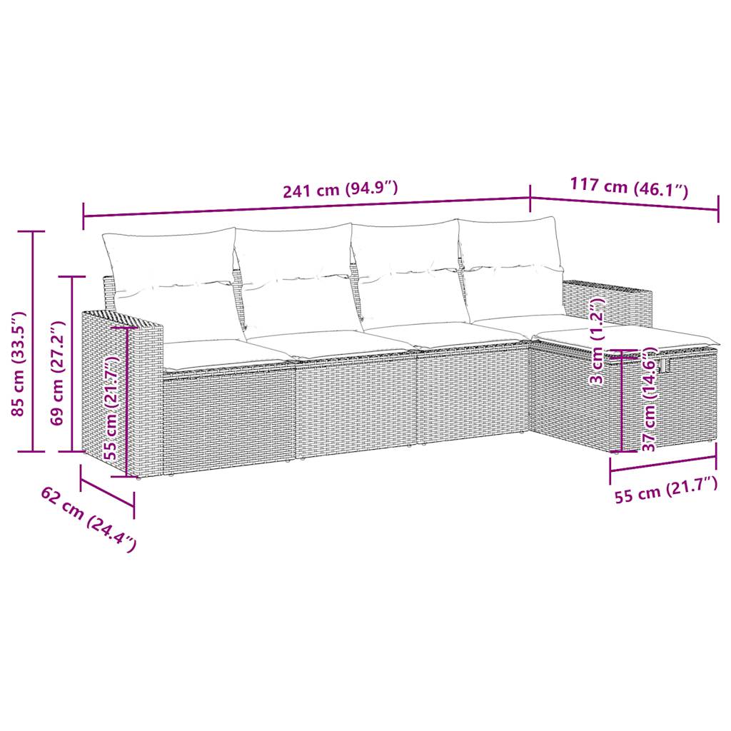 vidaXL 5-tlg. Garten-Sofagarnitur mit Kissen Schwarz Poly Rattan