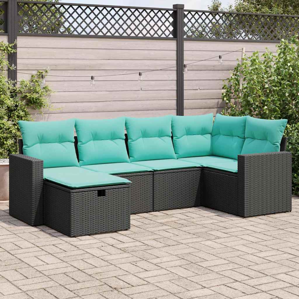6-tlg. Garten-Sofagarnitur mit Kissen Schwarz Poly Rattan