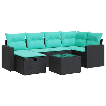 vidaXL 7-tlg. Garten-Sofagarnitur mit Kissen Schwarz Poly Rattan
