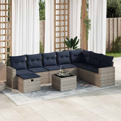 9-tlg. Garten-Sofagarnitur mit Kissen Grau Poly Rattan