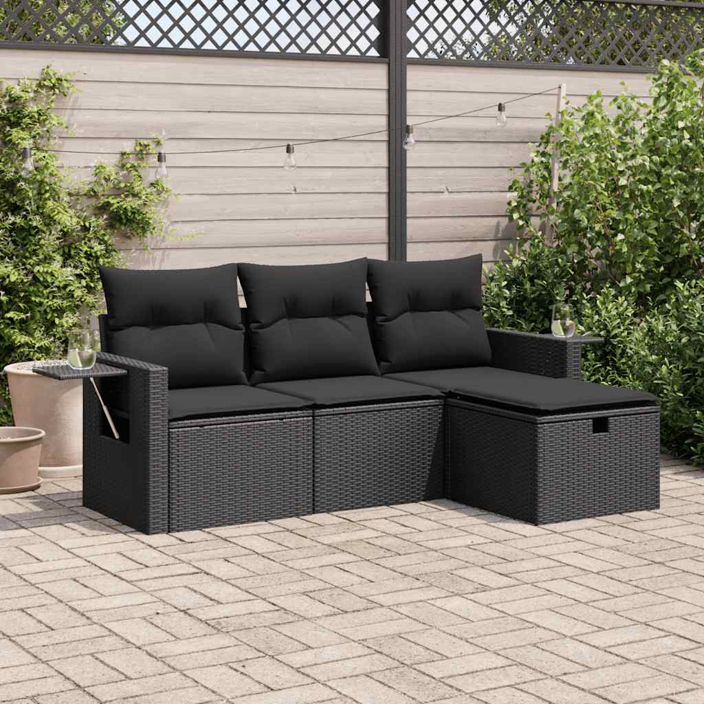 vidaXL 4-tlg. Garten-Sofagarnitur mit Kissen Schwarz Poly Rattan