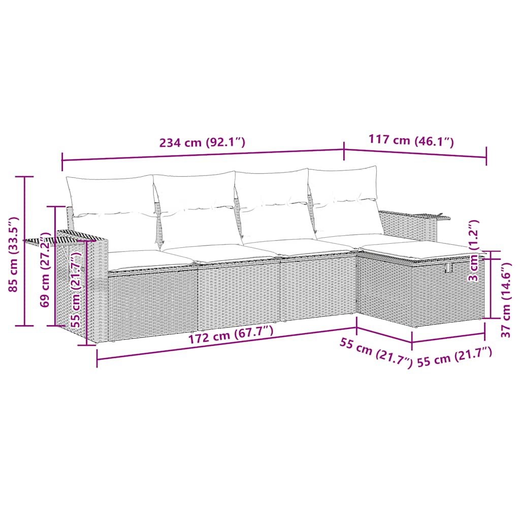 vidaXL 5-tlg. Garten-Sofagarnitur mit Kissen Grau Poly Rattan