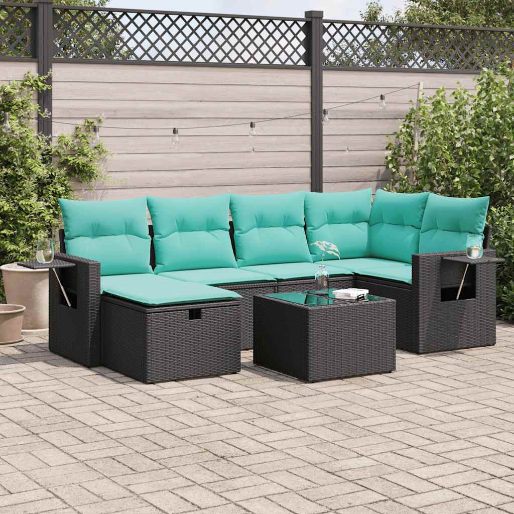 7-tlg. Garten-Sofagarnitur mit Kissen Schwarz Poly Rattan