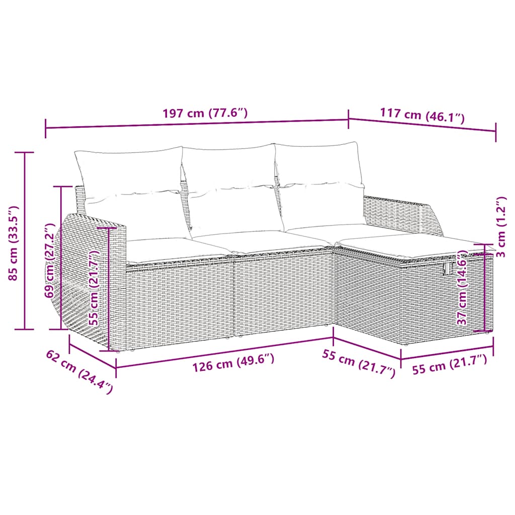 vidaXL 4-tlg. Garten-Sofagarnitur mit Kissen Schwarz Poly Rattan