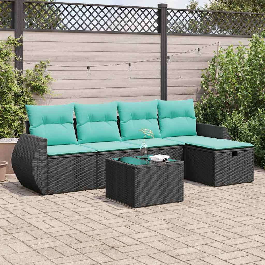 6-tlg. Garten-Sofagarnitur mit Kissen Schwarz Poly Rattan