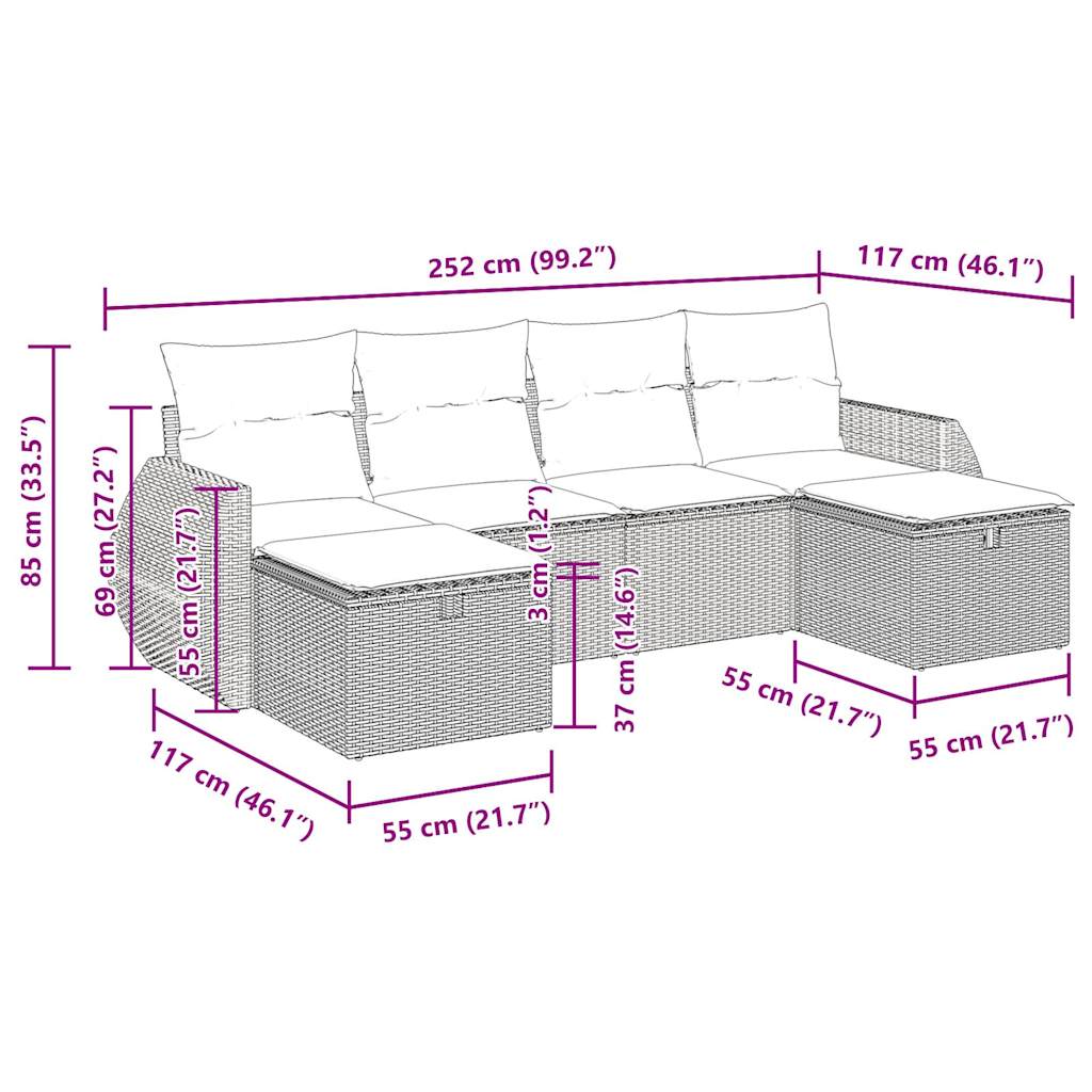 vidaXL 6-tlg. Garten-Sofagarnitur mit Kissen Schwarz Poly Rattan