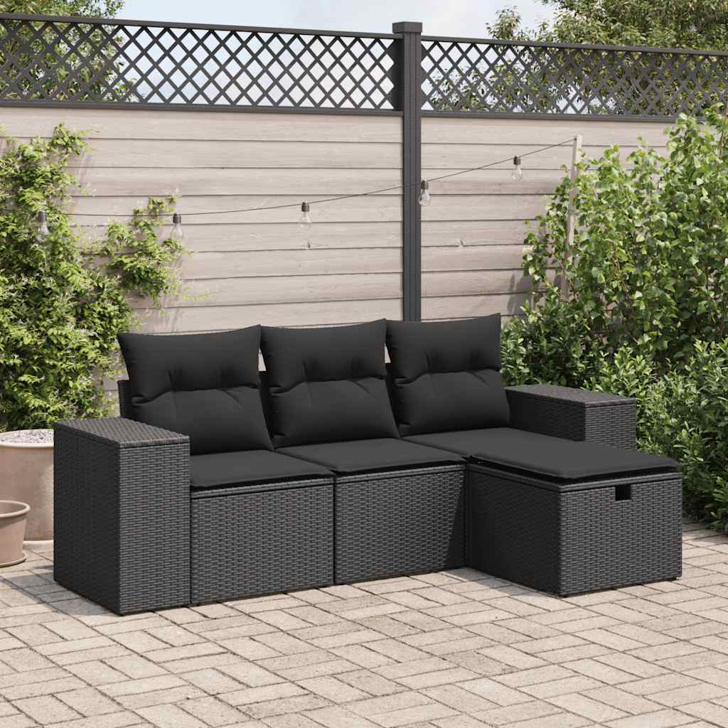 vidaXL 4-tlg. Garten-Sofagarnitur mit Kissen Schwarz Poly Rattan