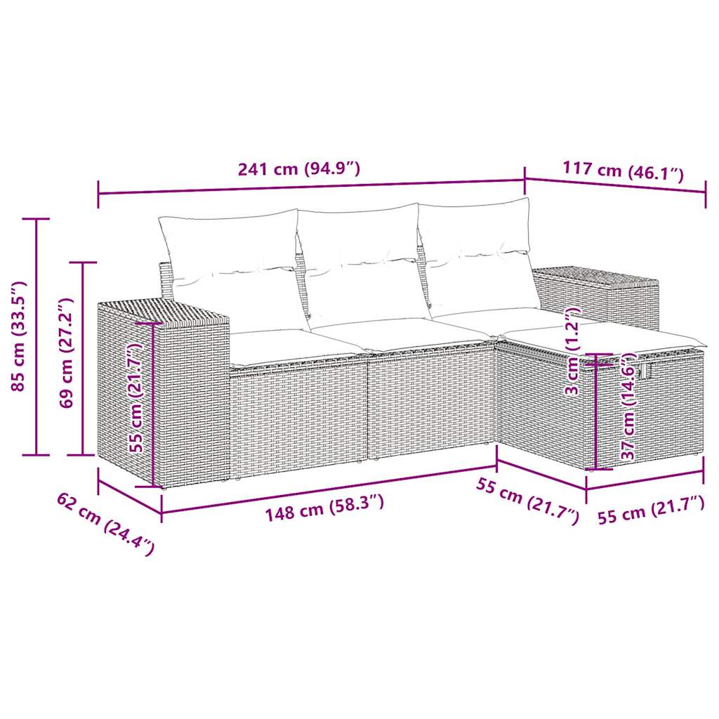 vidaXL 4-tlg. Garten-Sofagarnitur mit Kissen Schwarz Poly Rattan
