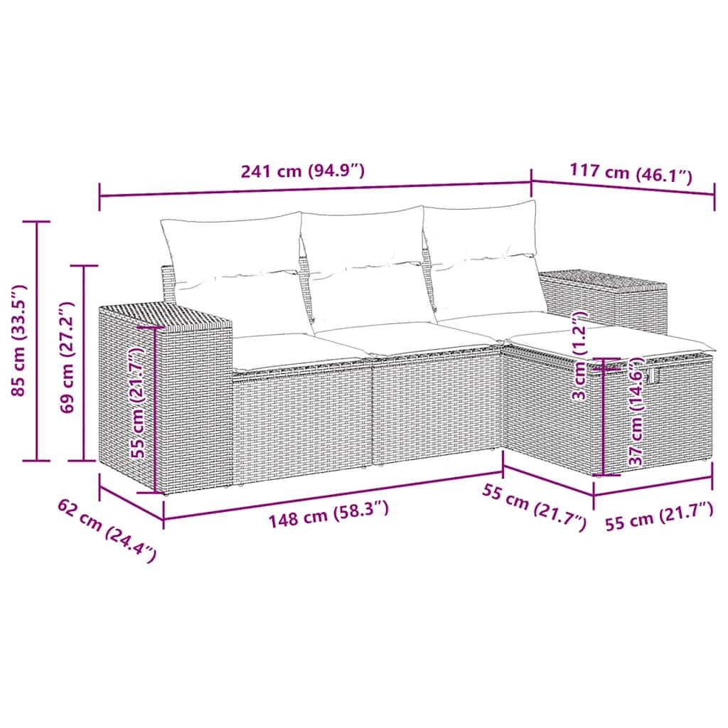vidaXL Salon de jardin 4 pcs avec coussins Gris Résine tressée