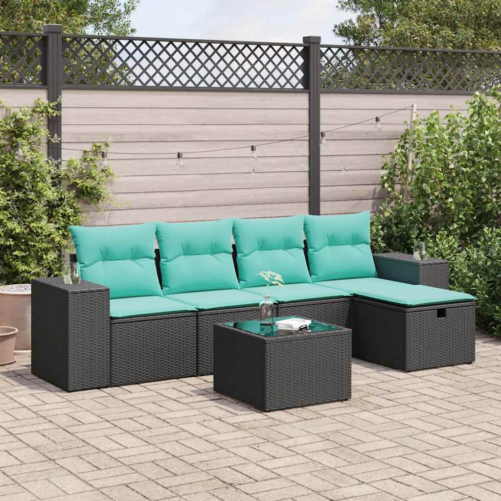 6-tlg. Garten-Sofagarnitur mit Kissen Schwarz Poly Rattan